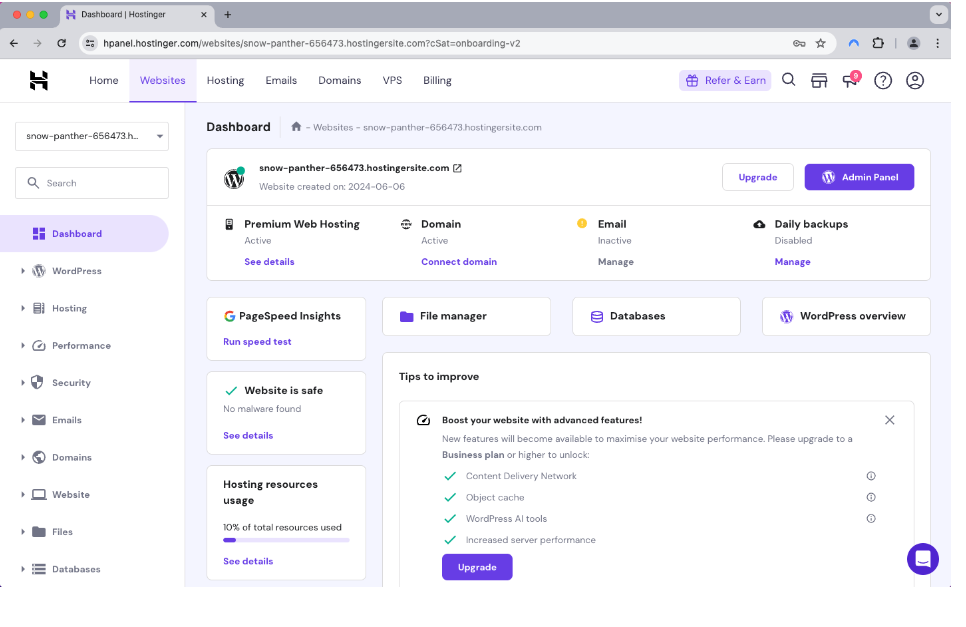 wordpress dashboard hostinger