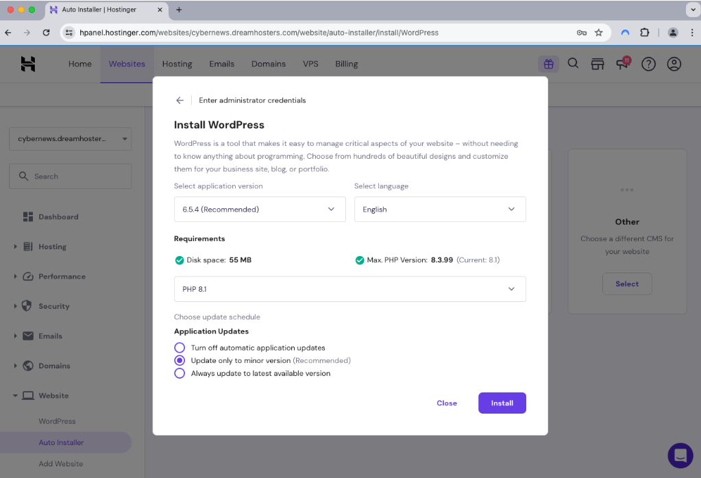 wordpress installation in hostinger