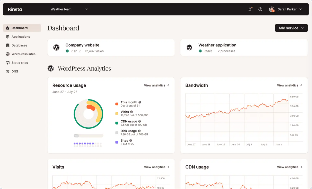 Kinsta Dashboard User interface