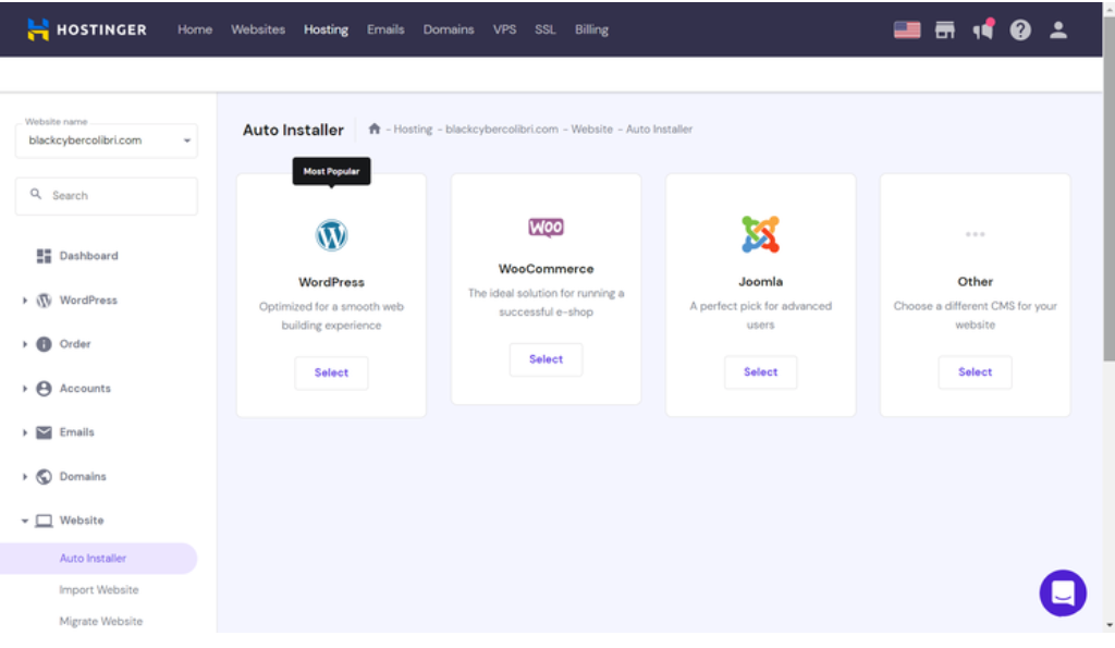 wordpress installation in hostinger in 1 click