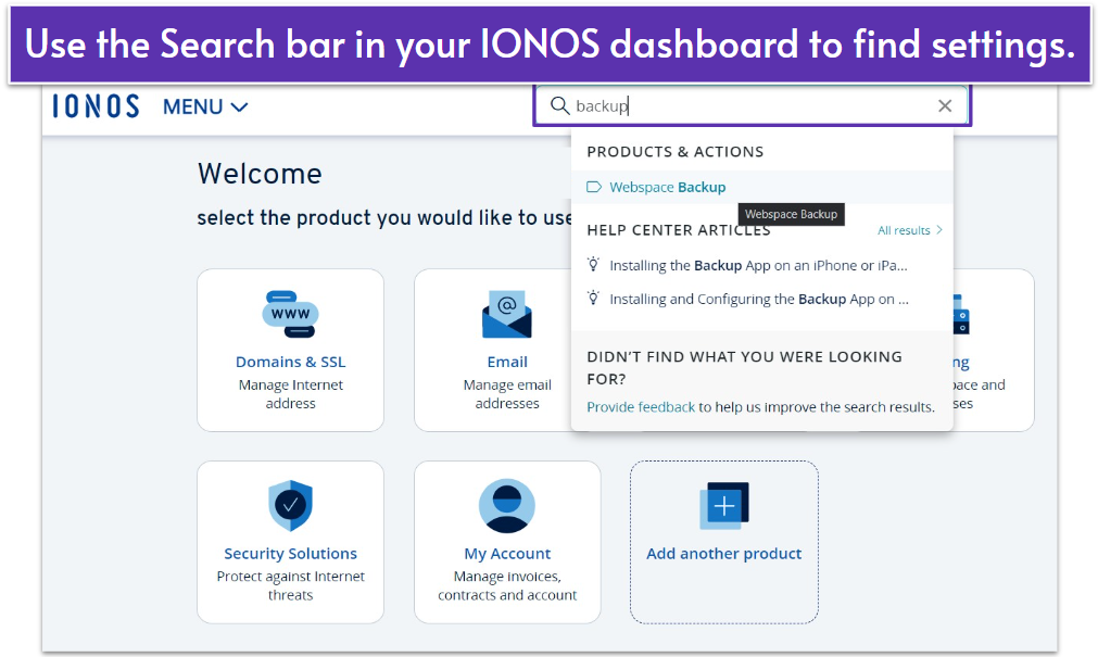 IONOS Dashboard Menu Search Bar