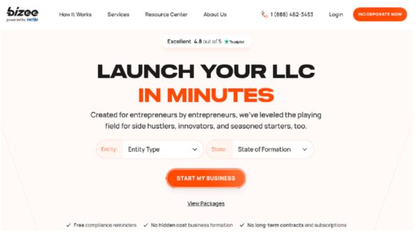 Bizee (Incfile) home page Featured image