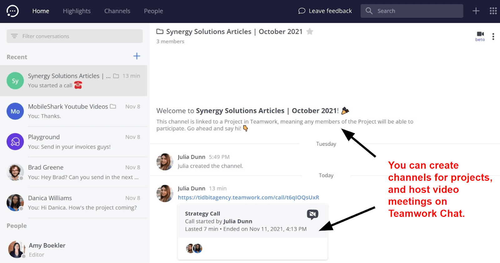 Teamwork’s built-in chat app