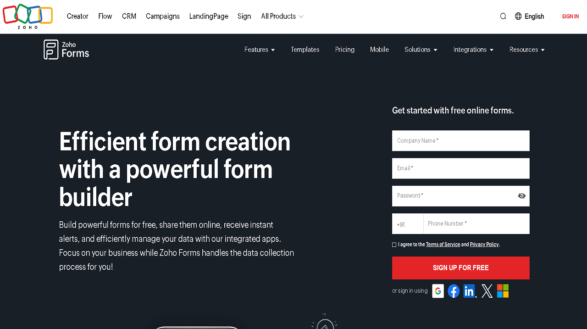 zoho forms home page -